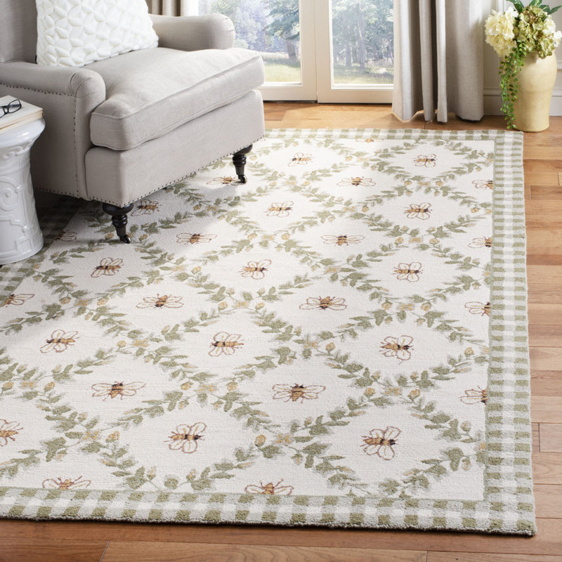 August Grove® Littell Floral Handmade Looped/Hooked Wool Green Area Rug